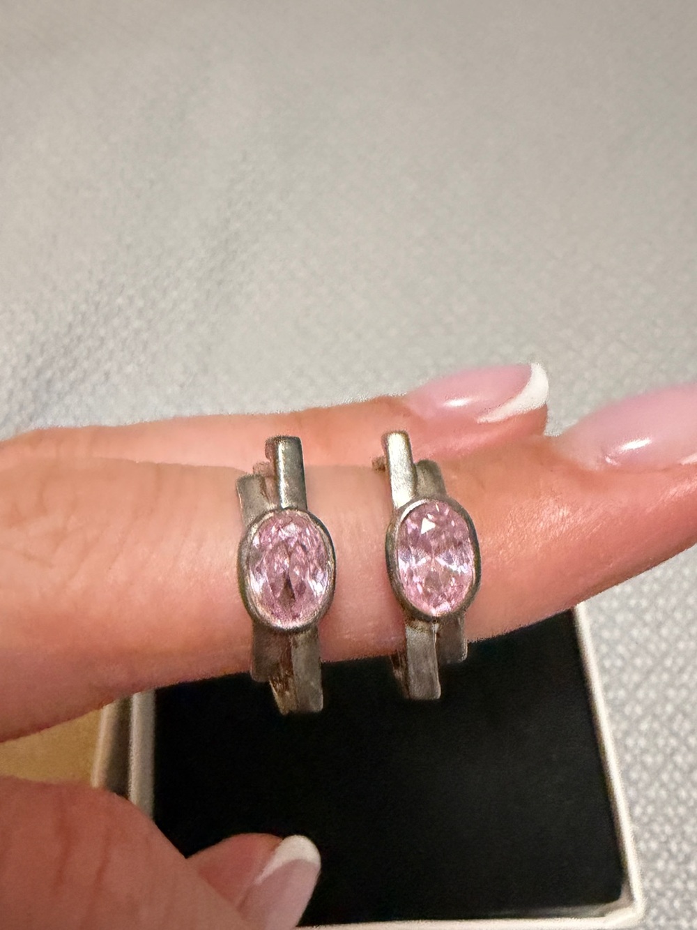 Sterling Silver 925 Pink Oval Crystal Huggie Earrings